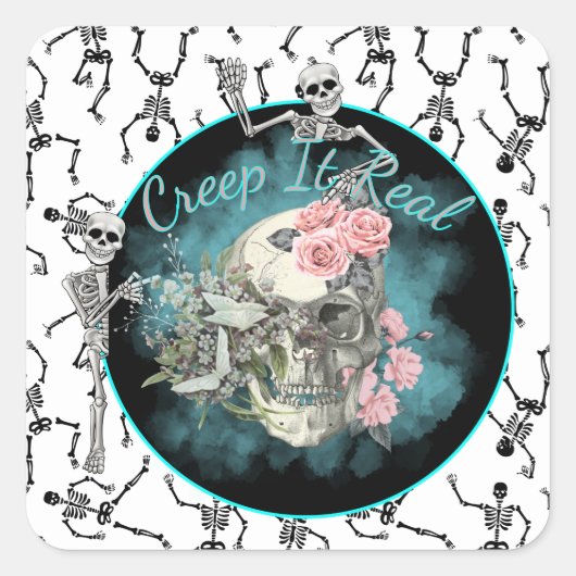 Goth Skull Pink Roses Halloween スクエアシール (正面)