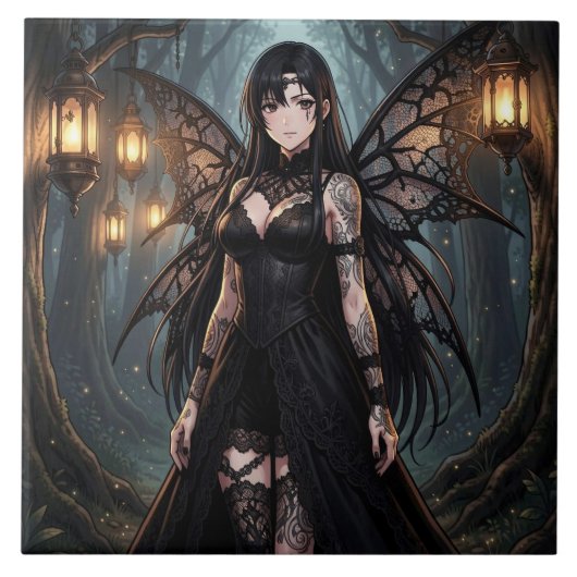 Gothic Anime Fairy Girl in Enchanted Forest タイル (正面)