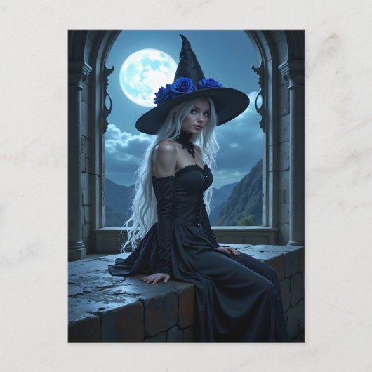 Gothic Anime Witch Blue Rose Moonlit Halloween シーズンポストカード (正面)