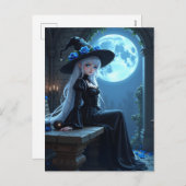 Gothic Anime Witch Full Blue Moon Halloween シーズンポストカード (正面/裏面)