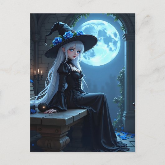 Gothic Anime Witch Full Blue Moon Halloween シーズンポストカード (正面)