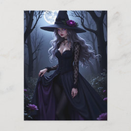 Gothic Anime Witch Purple Rose Moonlit Halloween シーズンポストカード
