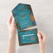Gothic Antique Teal Gold Damask Wedding QR Code オールインワン招待状 (貼ってはがせる)