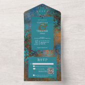 Gothic Antique Teal Gold Damask Wedding QR Code オールインワン招待状 (内側)