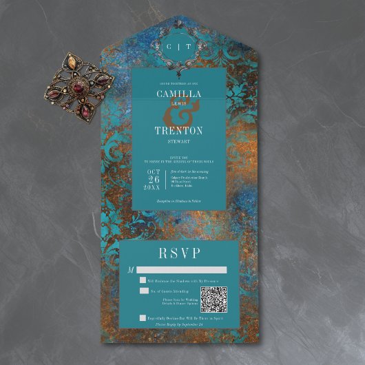 Gothic Antique Teal Gold Damask Wedding QR Code オールインワン招待状