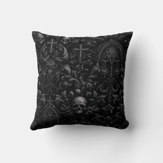 Gothic Baroque Skull Pattern in Black クッション (裏面)