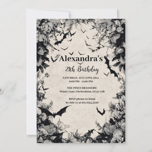 Gothic Bats & Roses Birthday 招待状 (正面)