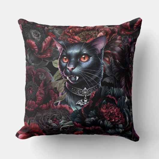 Gothic Black Cat & Dark Flowers クッション (正面)