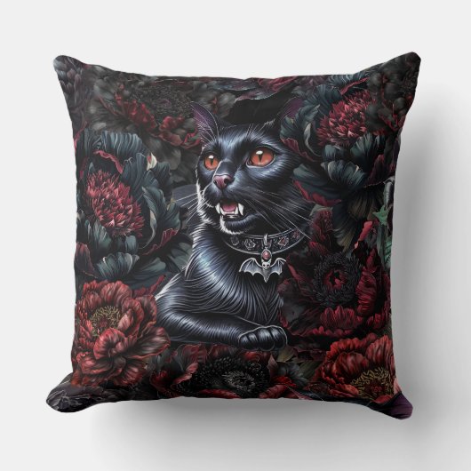 Gothic Black Cat & Dark Flowers クッション (正面)
