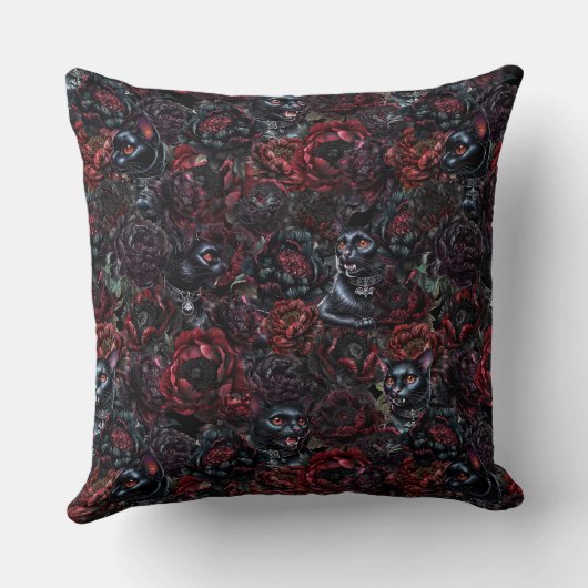 Gothic Black Cat & Dark Flowers Pattern クッション (裏面)