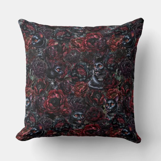 Gothic Black Cat & Dark Flowers Pattern クッション (正面)