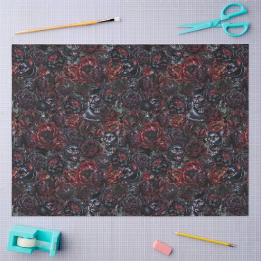 Gothic Black Cat & Dark Flowers Pattern  薄葉紙 (クラフト)