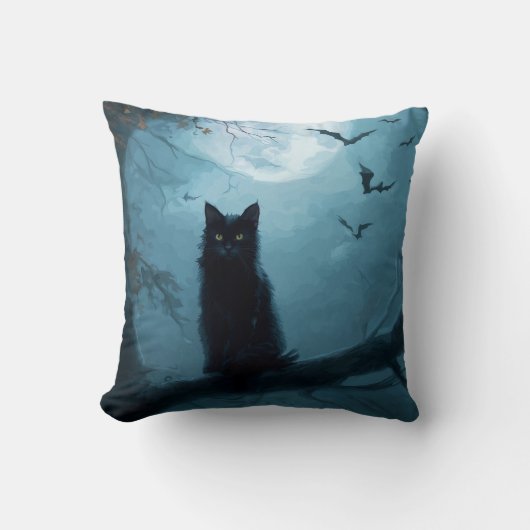 Gothic Black Cat Halloween Pillow クッション (正面)