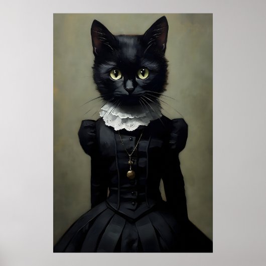 Gothic Black Cat In Dress Print, Dark Academia ポスター (正面)