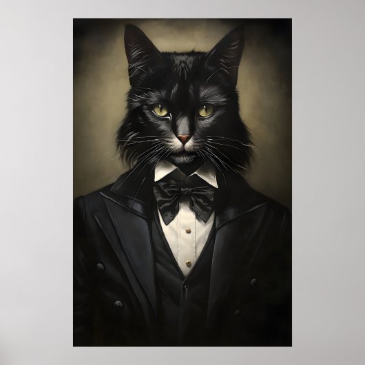 Gothic Black Cat In Suit Print, Dark Academia ポスター (正面)