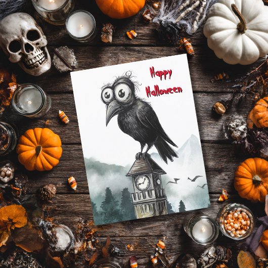Gothic Black Crow & Tower Spooky Halloween Party カード