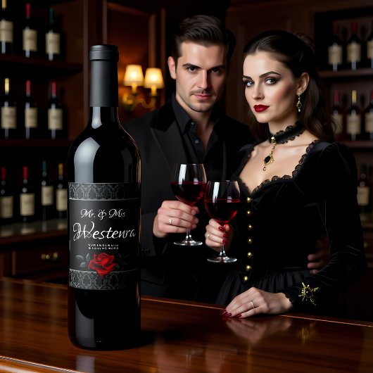 Gothic Black Damask Rose Wedding ワインラベル