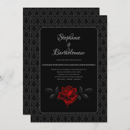 Gothic Black Damask Rose Wedding 招待状 (正面/裏面)