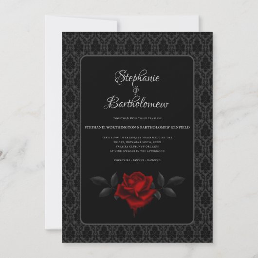 Gothic Black Damask Rose Wedding 招待状 (正面)