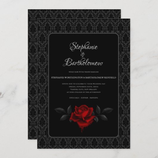 Gothic Black Damask Rose Wedding 招待状 (正面/裏面)