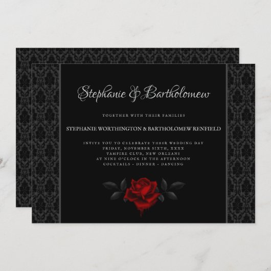 Gothic Black Damask Rose Wedding Invitation 招待状 (正面/裏面)
