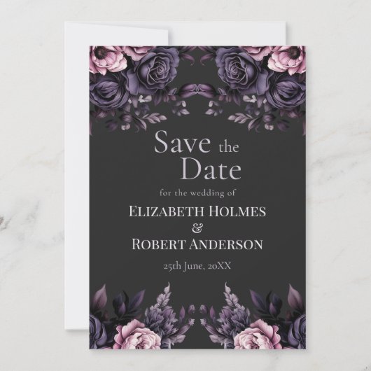 Gothic Black Floral Save the Date Card 招待状 (正面)