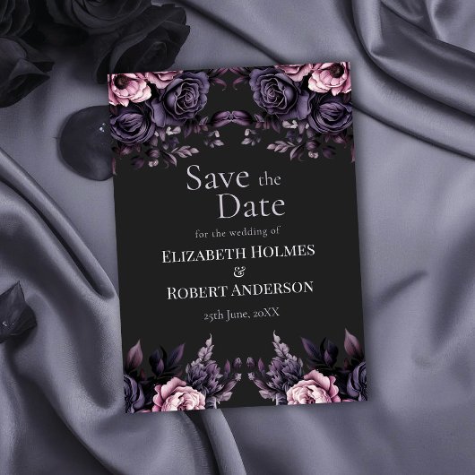 Gothic Black Floral Save the Date Card 招待状