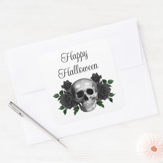 Gothic Black Floral Skull Halloween スクエアシール (封筒)