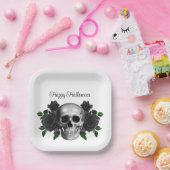 Gothic Black Floral Skull Halloween ペーパープレート (パーティー)