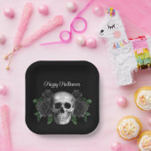 Gothic Black Floral Skull Halloween ペーパープレート (パーティー)