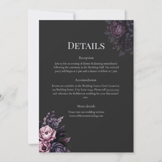 Gothic Black Floral Wedding Details Card 招待状 (正面)