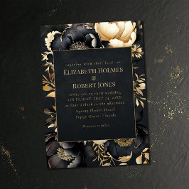 Gothic Black & Gold Peony Wedding Invitation 招待状