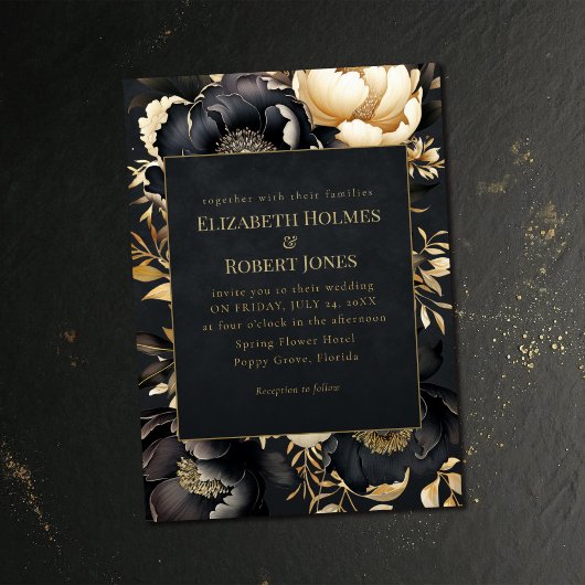Gothic Black & Gold Peony Wedding Invitation 招待状