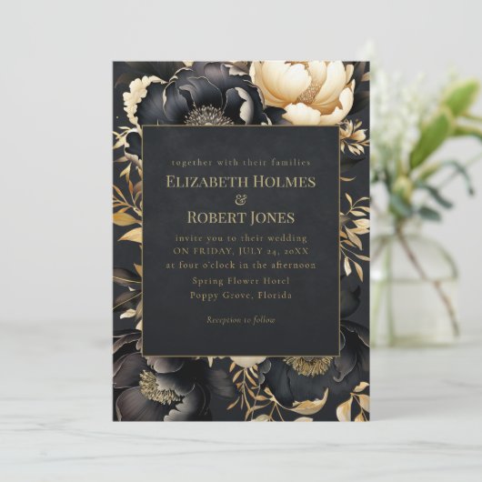 Gothic Black & Gold Peony Wedding Invitation 招待状 (スタンド正面)