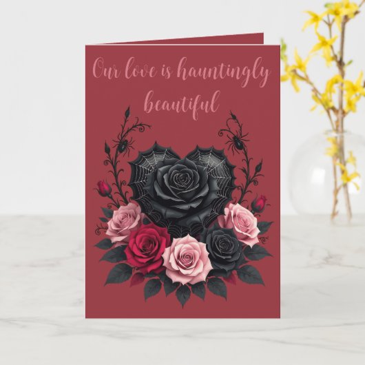 Gothic Black Petals and Spider Web Dark Valentine カード (黄色い花)