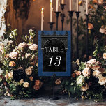 Gothic Black Raven & Black Arch Blue Wedding テーブルナンバー<br><div class="desc">Transport your guests to a world of dark, enchanting elegance with our vintage gothic wedding table number card. The deep, aged royal blue background sets the stage for a striking contrast, as bold white text emerges from intricate black text boxes. At the pinnacle of this invitation, a three-dimensional gothic border...</div>