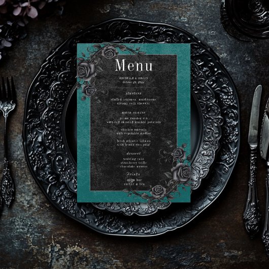 Gothic Black Raven & Black Roses Teal Wedding メニュー