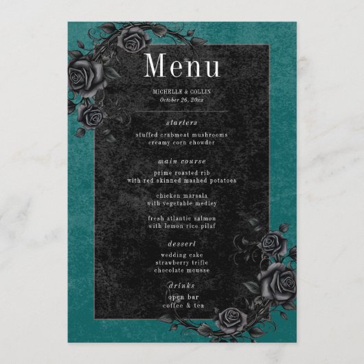 Gothic Black Raven & Black Roses Teal Wedding メニュー (正面)