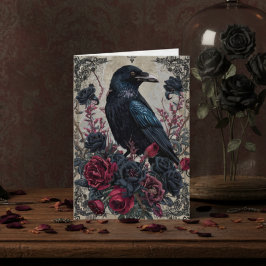 Gothic Black Raven Floral Notecard カード