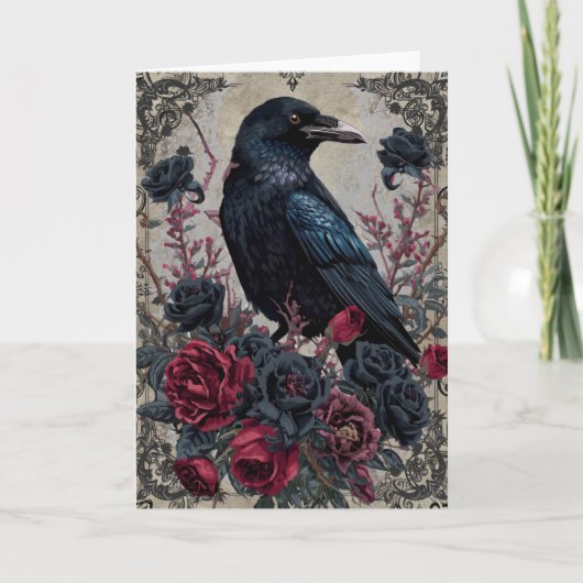 Gothic Black Raven Floral Notecard カード (正面)