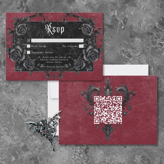 Gothic Black Raven & Roses Burgundy QR Code 出欠カード