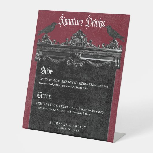 Gothic Black Raven & Roses Burgundy Wedding Drinks 台座サイン (正面)