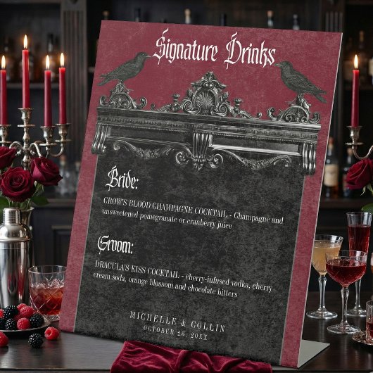 Gothic Black Raven & Roses Burgundy Wedding Drinks 台座サイン
