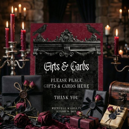 Gothic Black Raven & Roses Burgundy Wedding Gifts 台座サイン