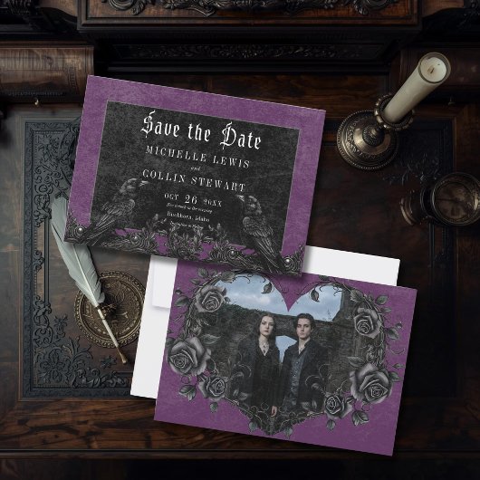Gothic Black Raven & Roses Purple Photo Wedding セーブザデート