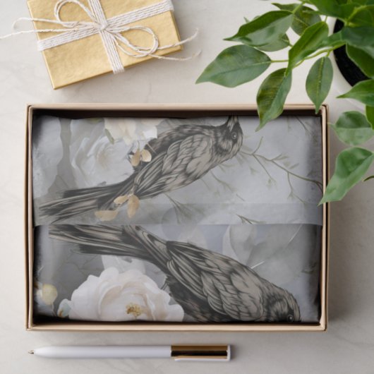 Gothic Black Ravens & White Flowers  薄葉紙 (ギフト)