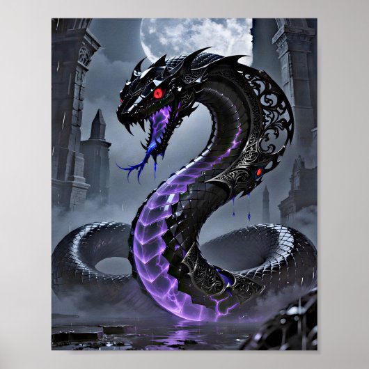 Gothic Black Serpent Glowing Purple Neon Fantasy ポスター (正面)