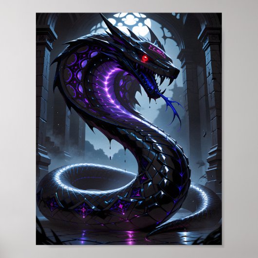 Gothic Black Serpent Glowing Purple Neon Fantasy ポスター (正面)