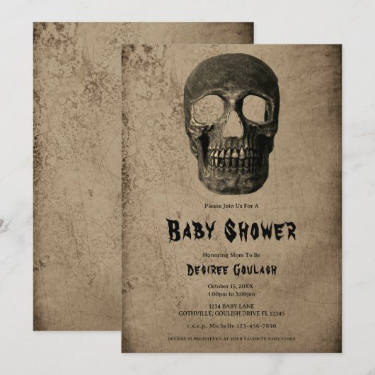 Gothic Black Skull Antique Baby Shower Invitation 招待状 (正面/裏面)