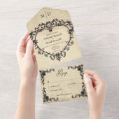 Gothic Black Tan Parchment Filigree Heart Wedding オールインワン招待状 (貼ってはがせる)
